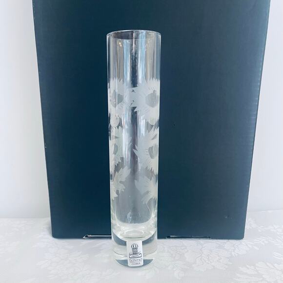 Vintage Schmid Etched Glass Sunflower Bud Vase 7" Tube Cylindrical Weighted Bott - Picture 4 of 7